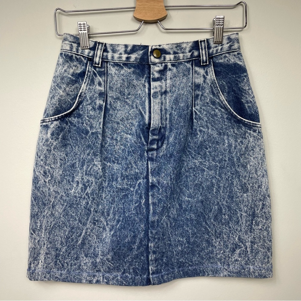 Vintage 80s High Waist Pleated Acid Washed Jean Skirt
